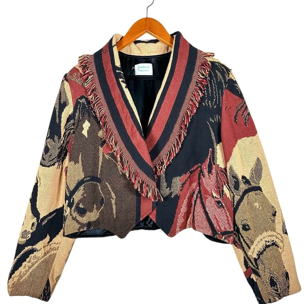 VINTAGE Cropped Horse Print Fringed Throw Blanket Western Jacket - Picture 1 of 14